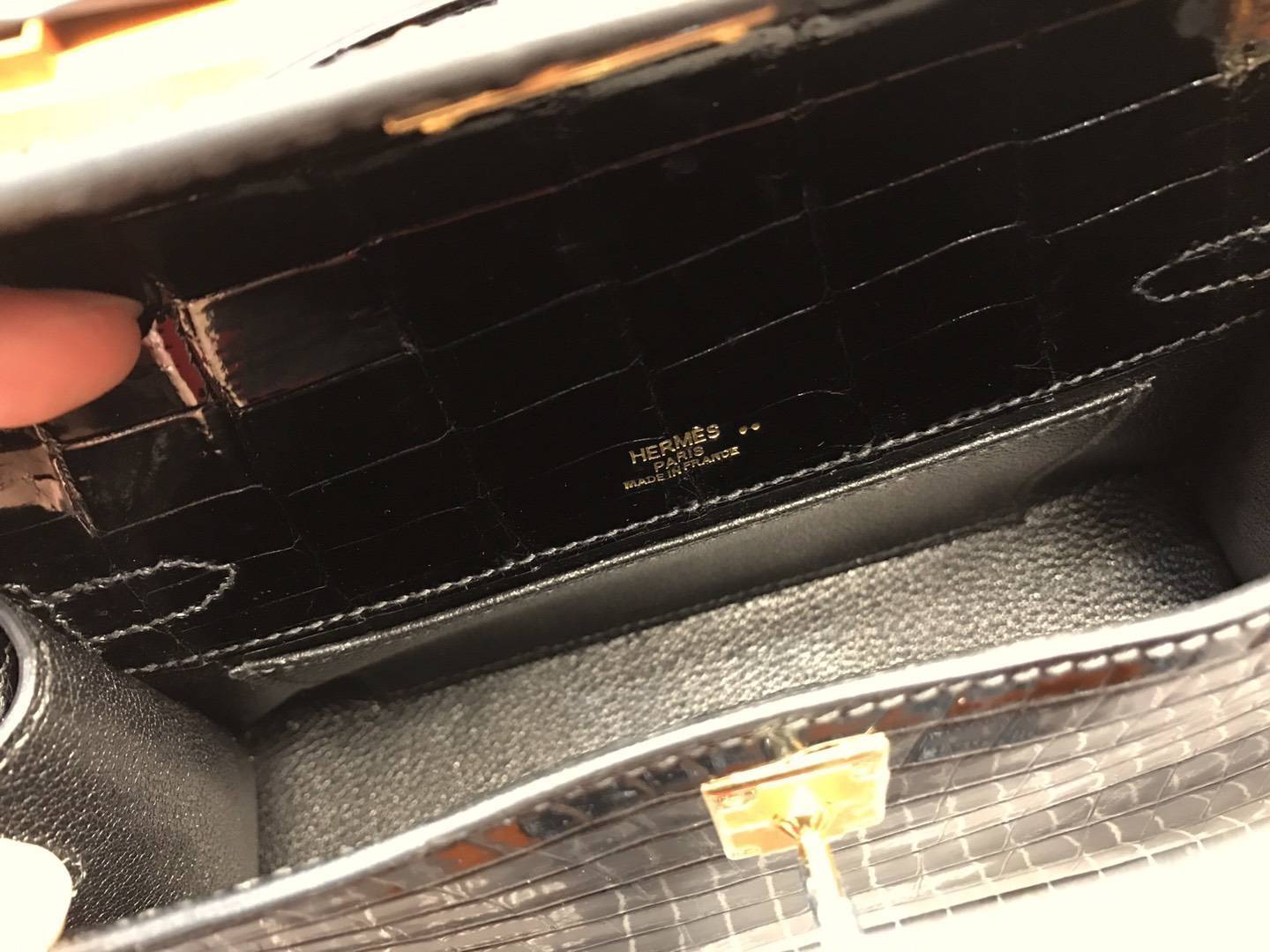 Mini Kelly Pochette 22cm 1代 晚宴包 手拿包 亮面鳄鱼 BLACK 黑色 金扣