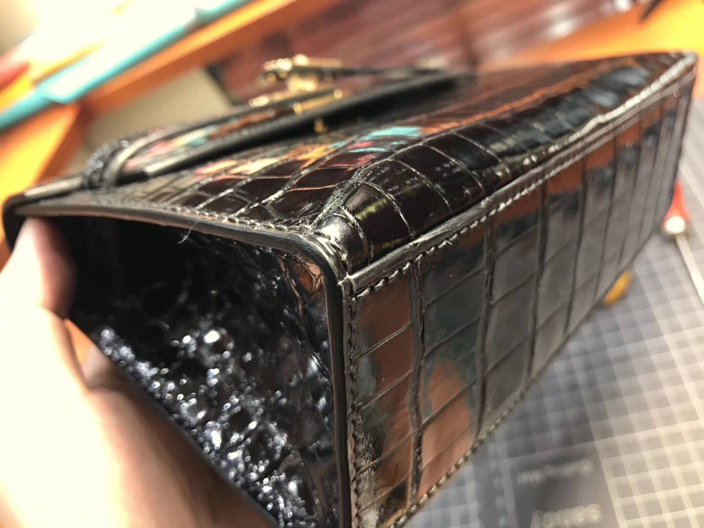 Mini Kelly Pochette 22cm 1代 晚宴包 手拿包 亮面鳄鱼 BLACK 黑色 金扣