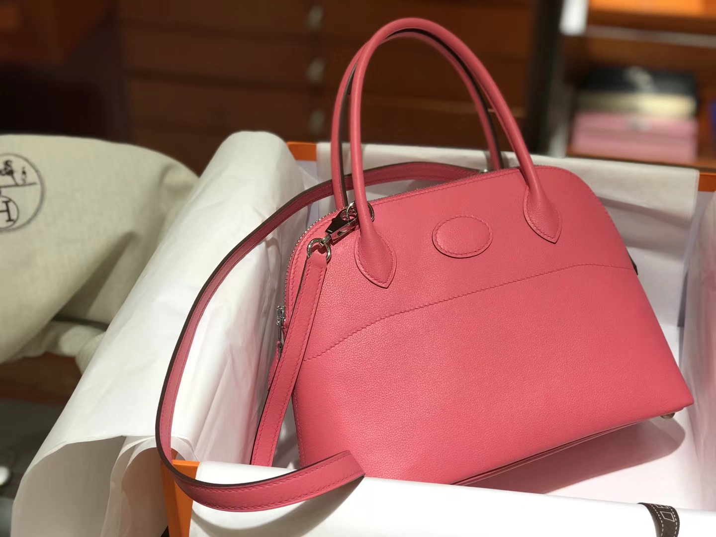 Hermes 爱马仕 Bolide Epsom皮 U5唇膏粉Rose Lipsur 27cm 可接受定制