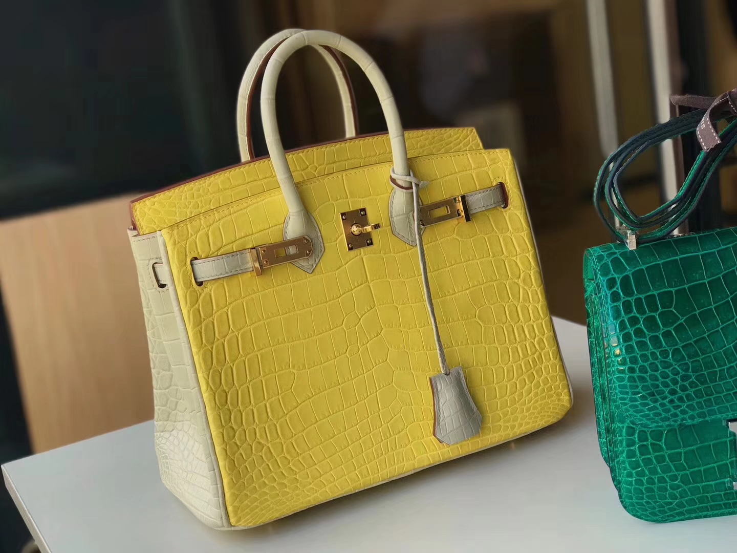 HERMES 爱马仕 铂金包 Birkin 雾面鳄鱼 黄色拼珍珠灰 金扣 配全套专柜原版包装