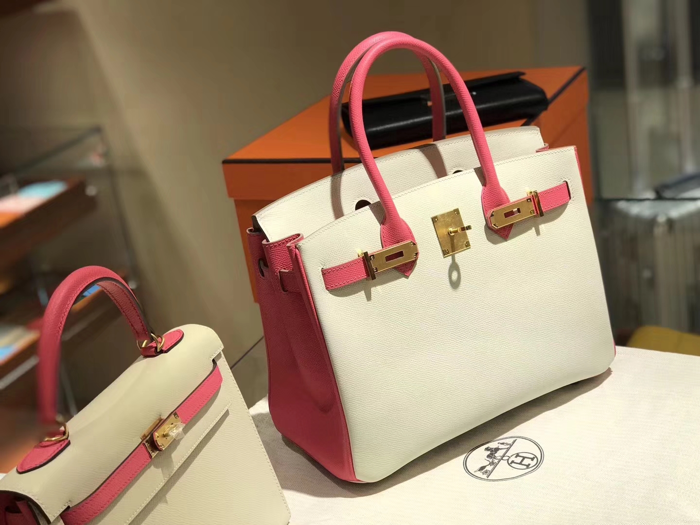 HERMES 爱马仕 Birkin 25CM 奶昔白 拼 糖果粉 金扣 EPSOM皮