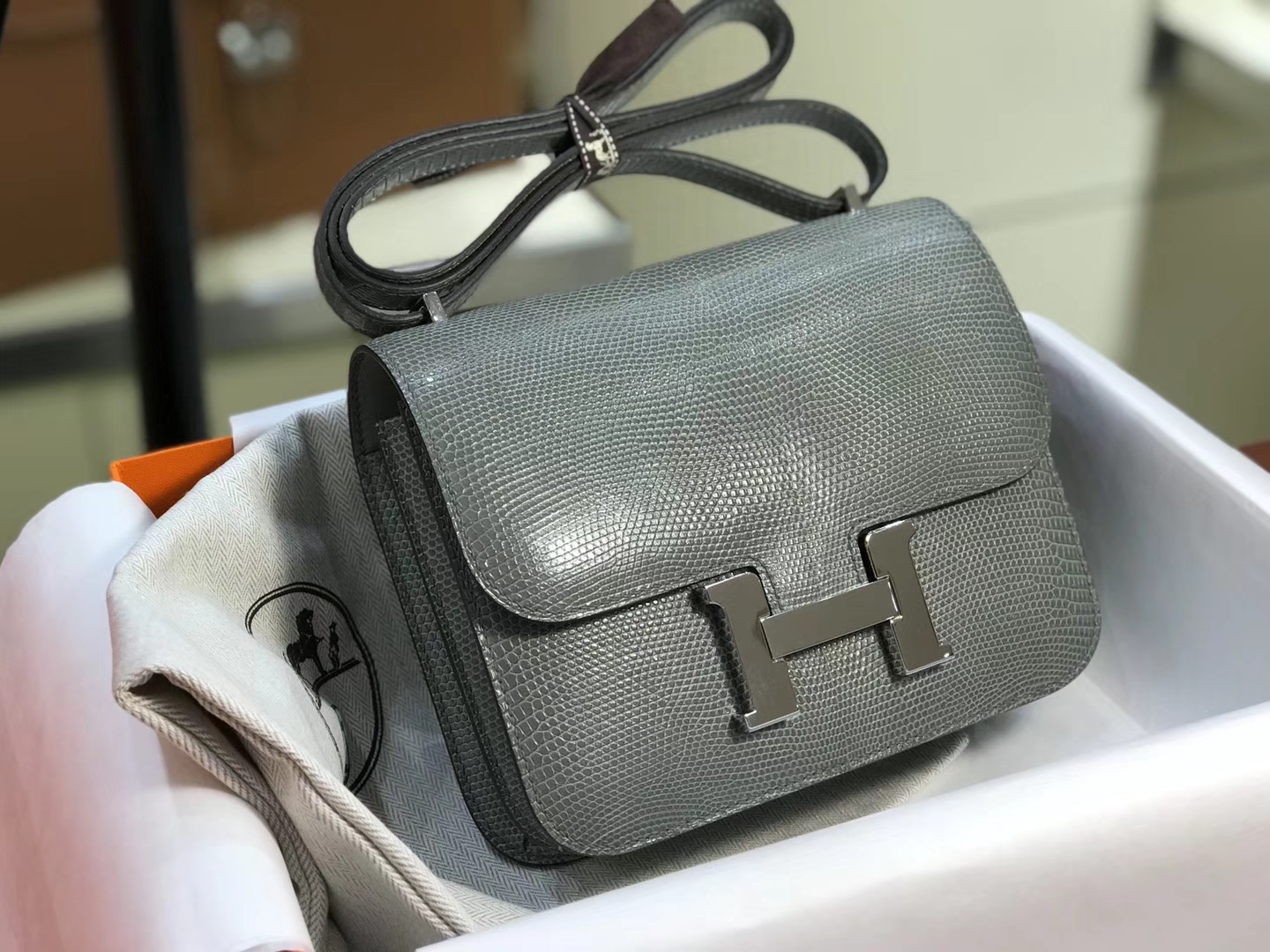 Hermes 爱马仕 空姐包 Constance 蜥蜴皮 8F 锡器灰 Etain  定制15-20天发货 配全套专柜原版包装