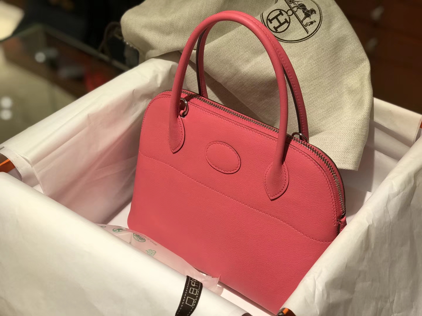 Hermes 爱马仕 Bolide Epsom皮 U5唇膏粉Rose Lipsur 27cm 可接受定制