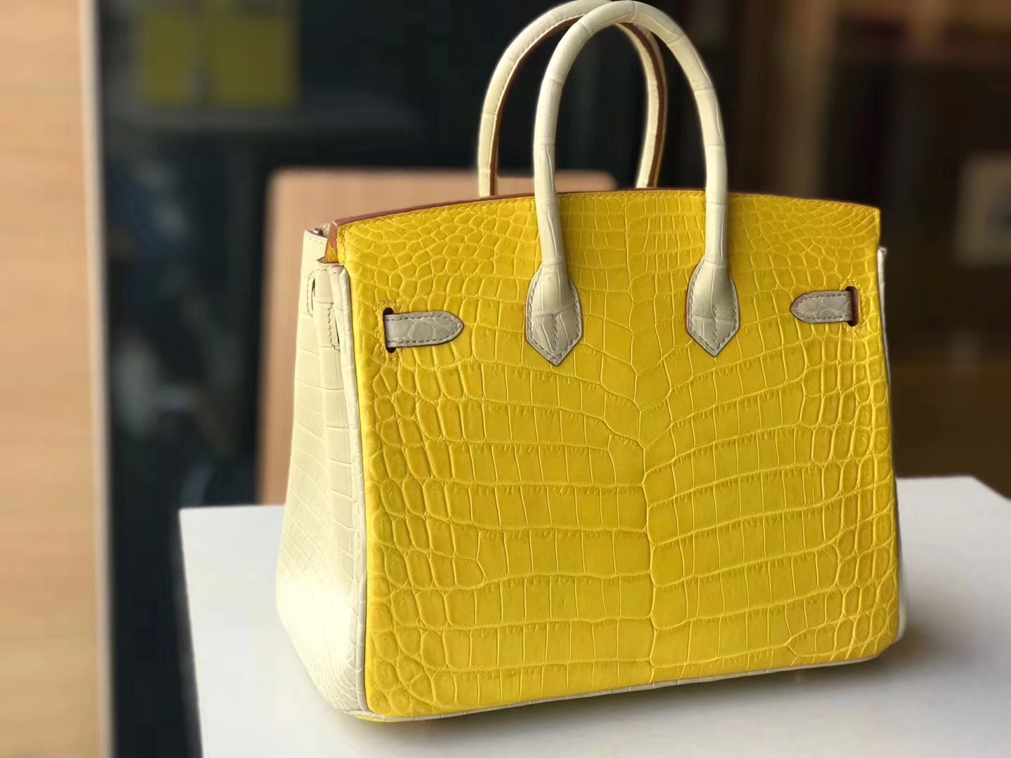 HERMES 爱马仕 铂金包 Birkin 雾面鳄鱼 黄色拼珍珠灰 金扣 配全套专柜原版包装