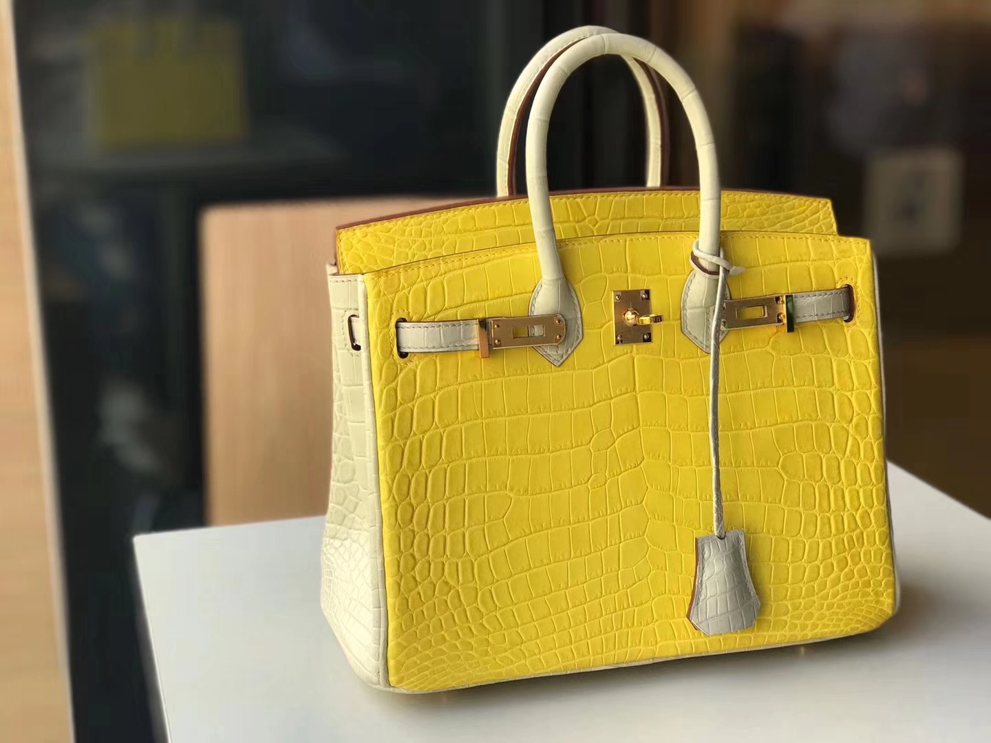 HERMES 爱马仕 铂金包 Birkin 雾面鳄鱼 黄色拼珍珠灰 金扣 配全套专柜原版包装