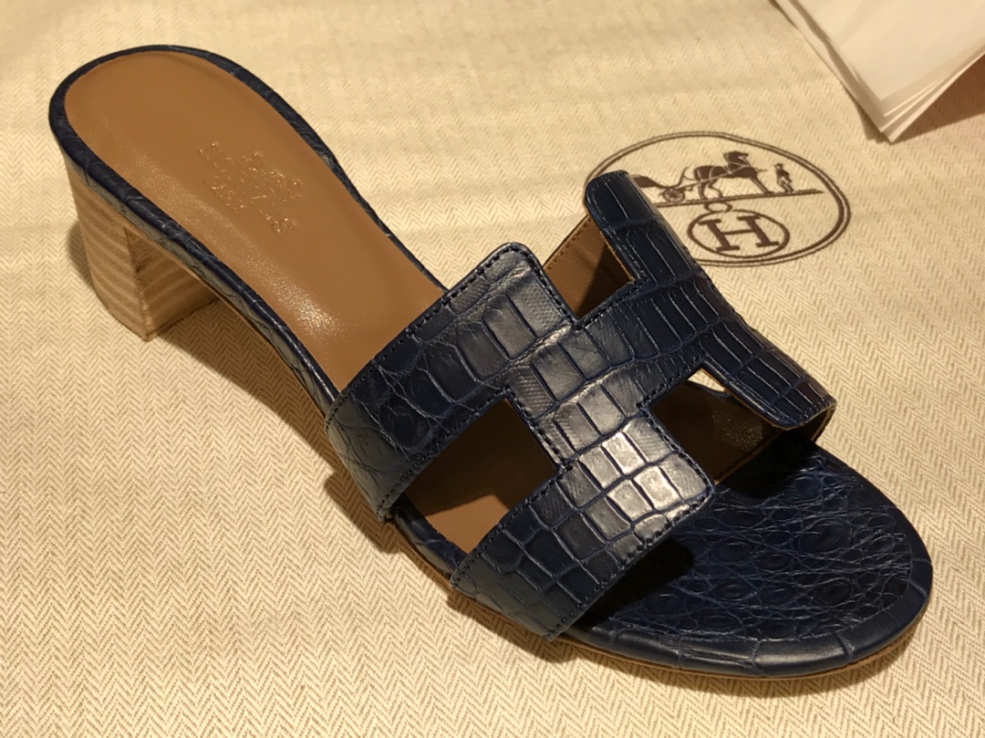 Hermes 鳄鱼皮女士拖鞋 Crocodile leather 意大利树羔皮底 深蓝色 