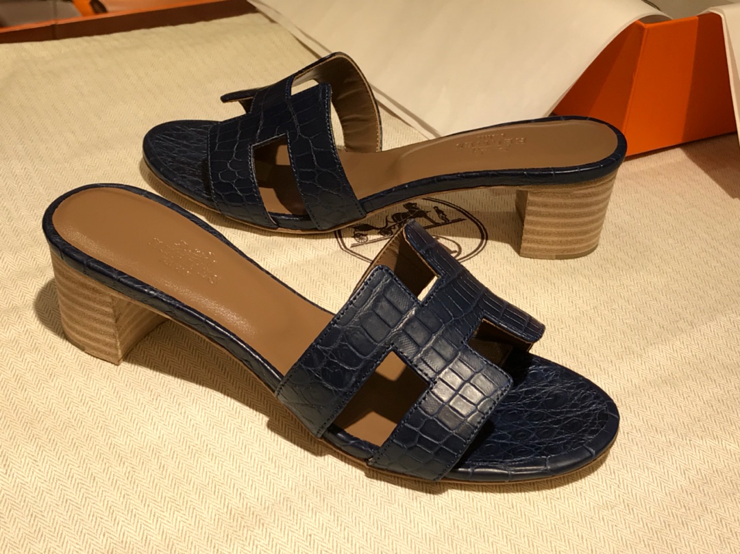 Hermes 鳄鱼皮女士拖鞋 Crocodile leather 意大利树羔皮底 深蓝色 