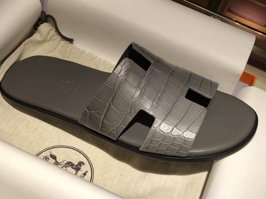 Hermes 鳄鱼皮男士拖鞋 铁灰 Crocodile leather 意大利树羔皮底 手工缝制工艺 高端订制