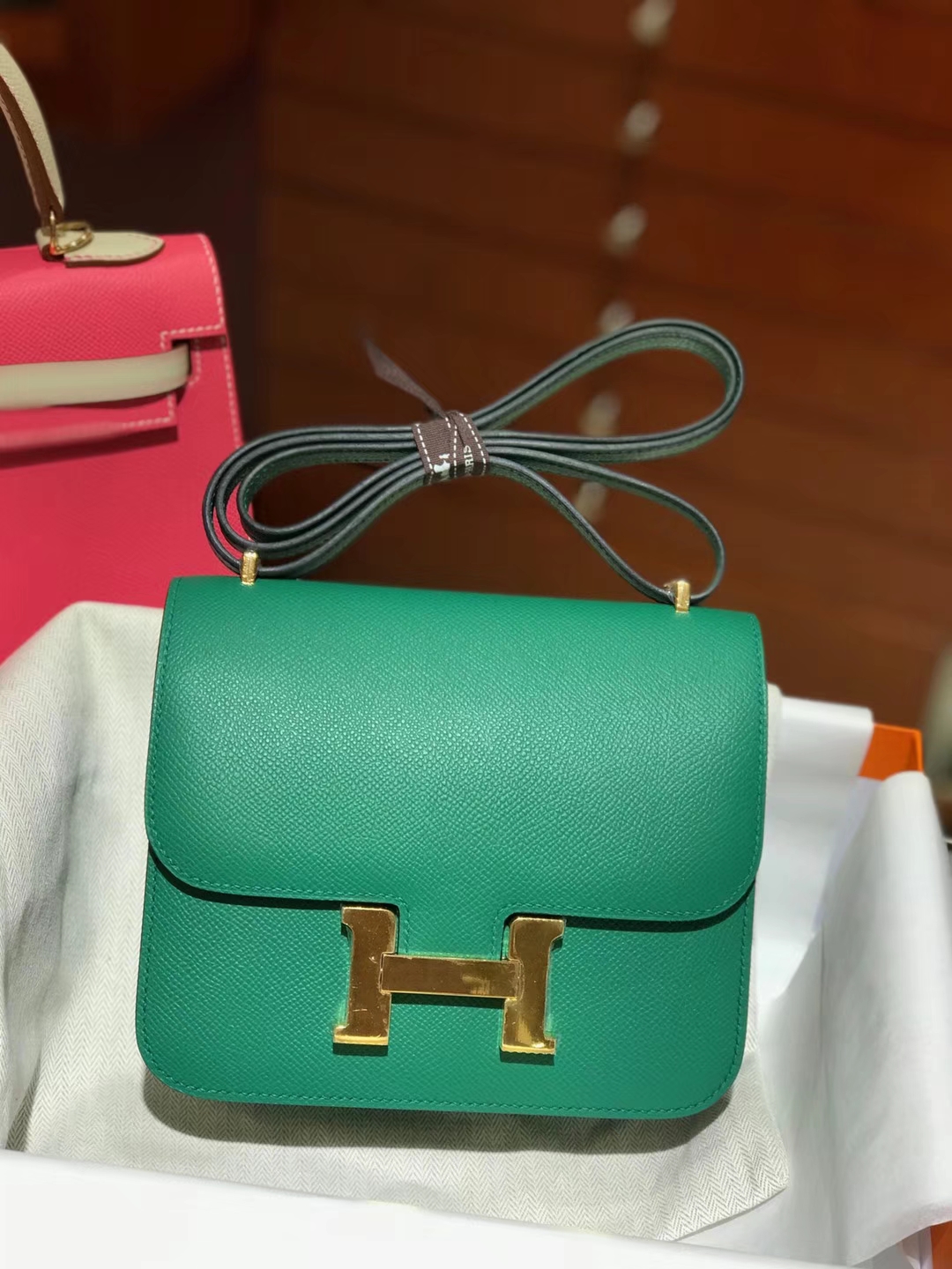 HERMES 空姐包 Constance 手掌纹 6Z 孔雀绿 金扣