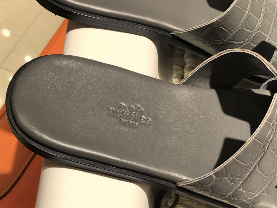 Hermes 鳄鱼皮男士拖鞋 铁灰 Crocodile leather 意大利树羔皮底 手工缝制工艺 高端订制