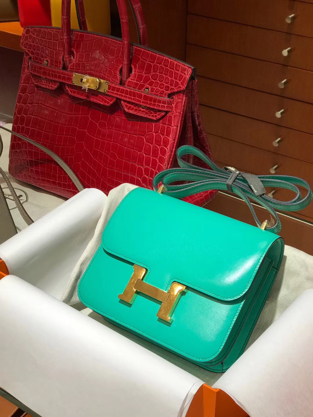 HERMES 爱马仕 空姐包 Constance BOX  湖水绿 金扣