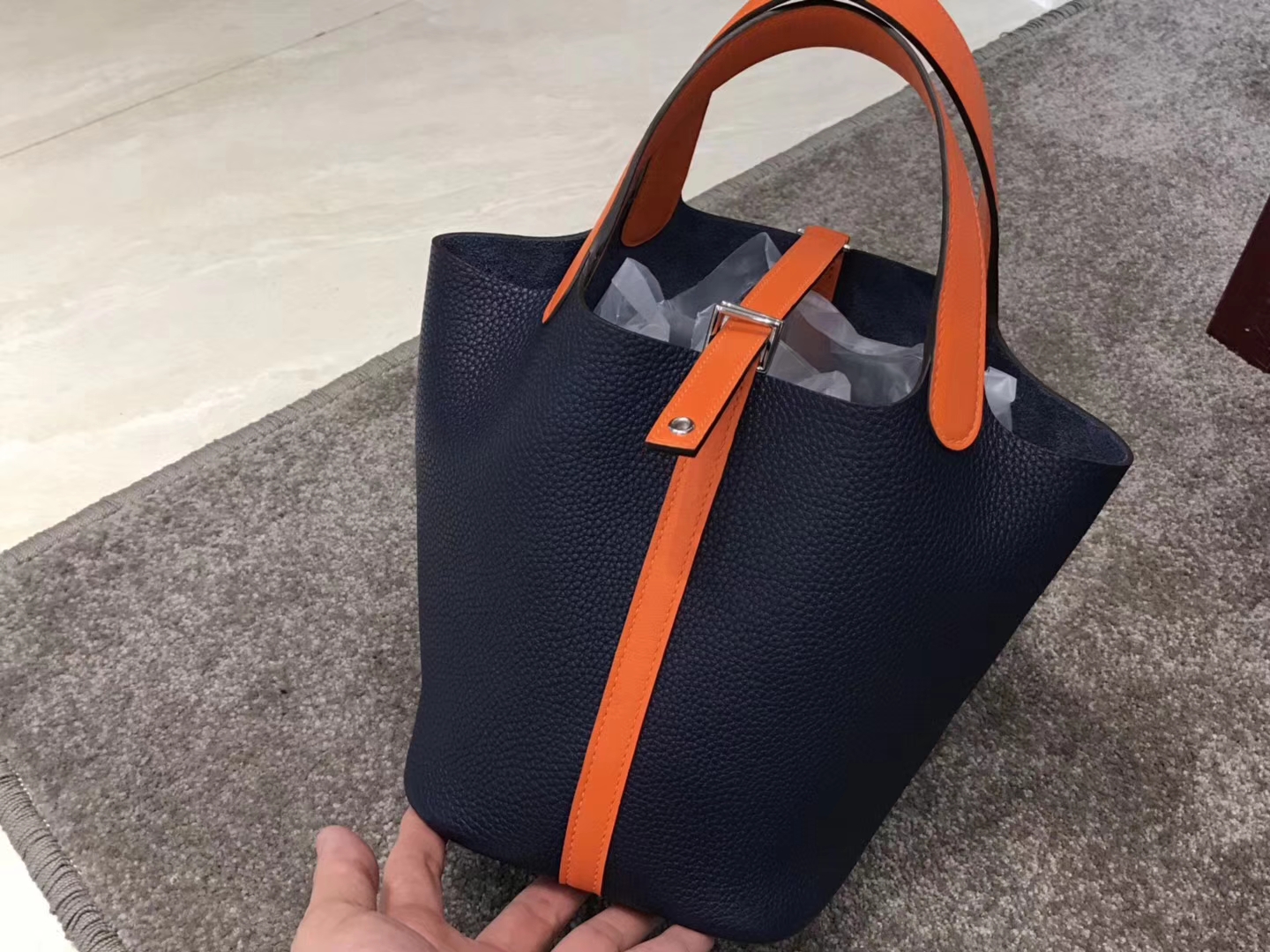 HERMES 爱马仕 菜篮子 Picotin 深蓝拼橙色 纯手工 Togo皮