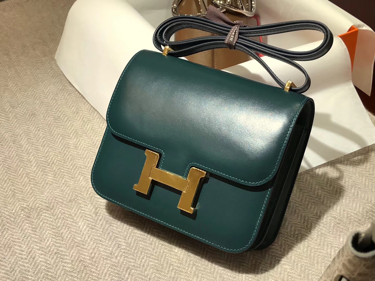 HERMES 爱马仕 空姐包 Constance BOX 墨绿色 金扣