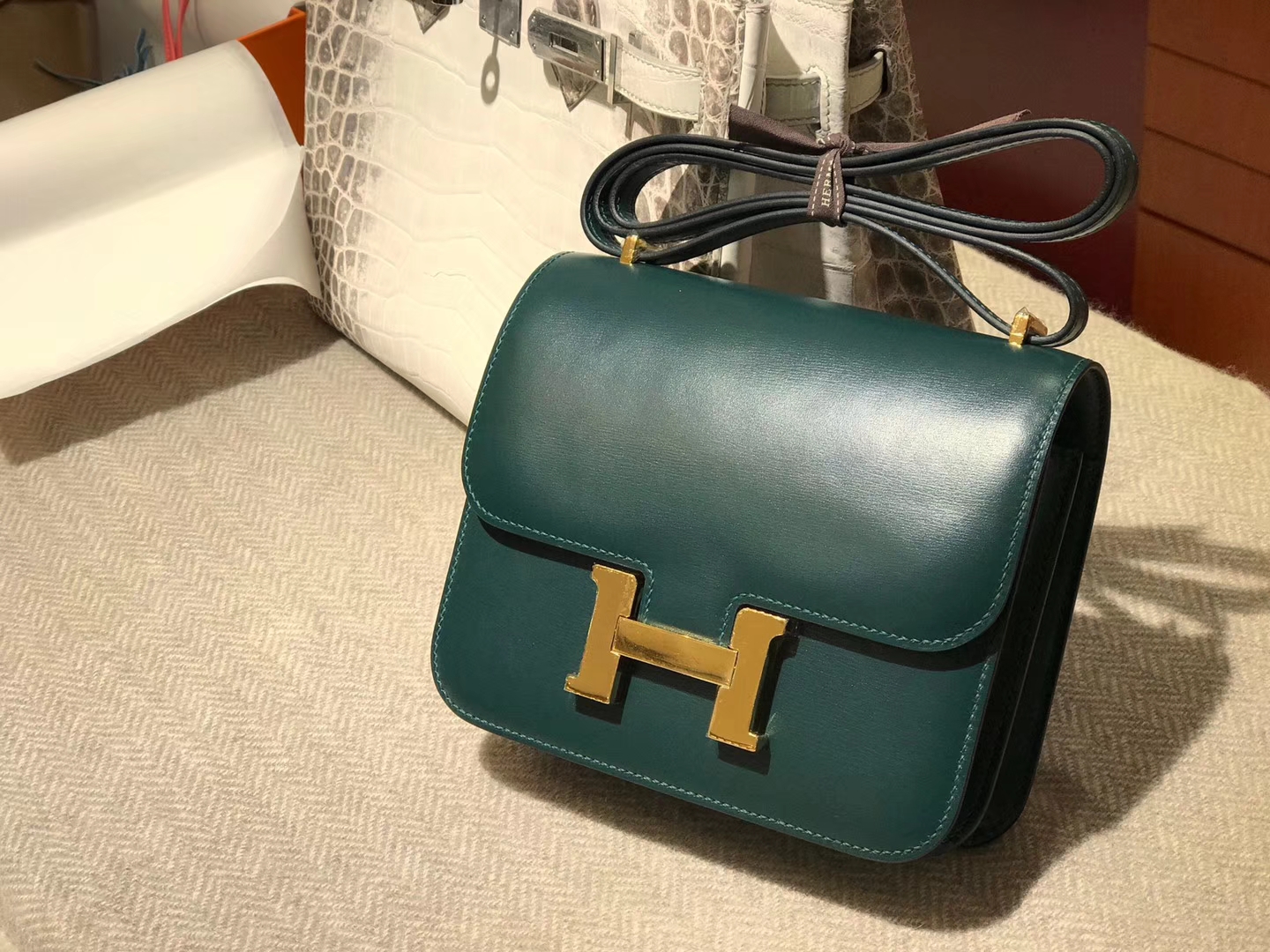 HERMES 爱马仕 空姐包 Constance BOX 墨绿色 金扣