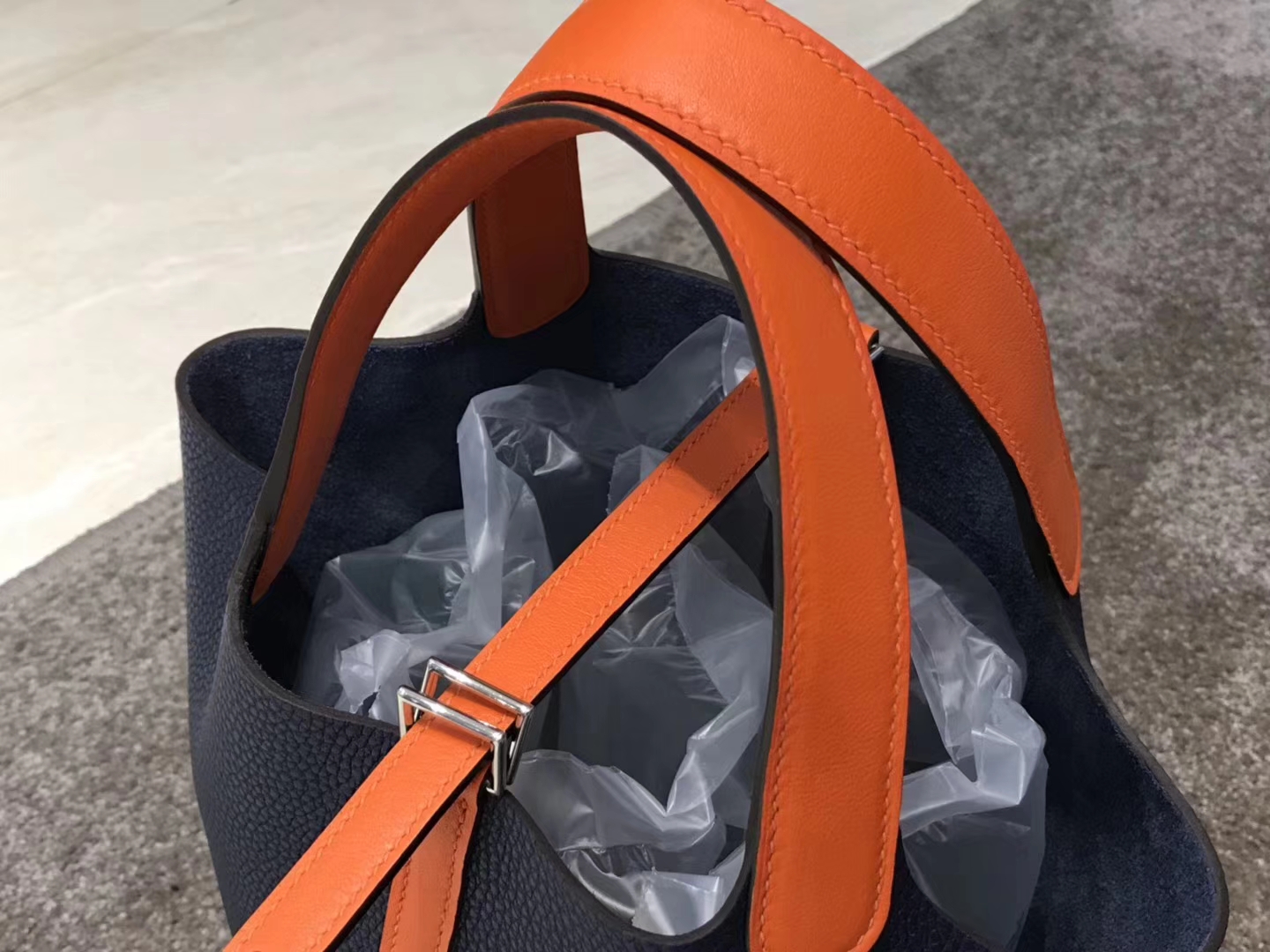 HERMES 爱马仕 菜篮子 Picotin 深蓝拼橙色 纯手工 Togo皮
