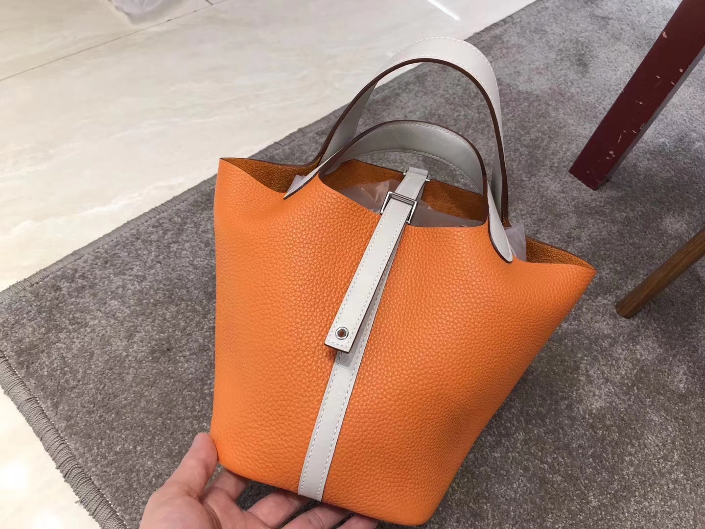 HERMES 爱马仕 菜篮子 Picotin 橙色拼珍珠灰 Togo皮 配全套专柜原版包装