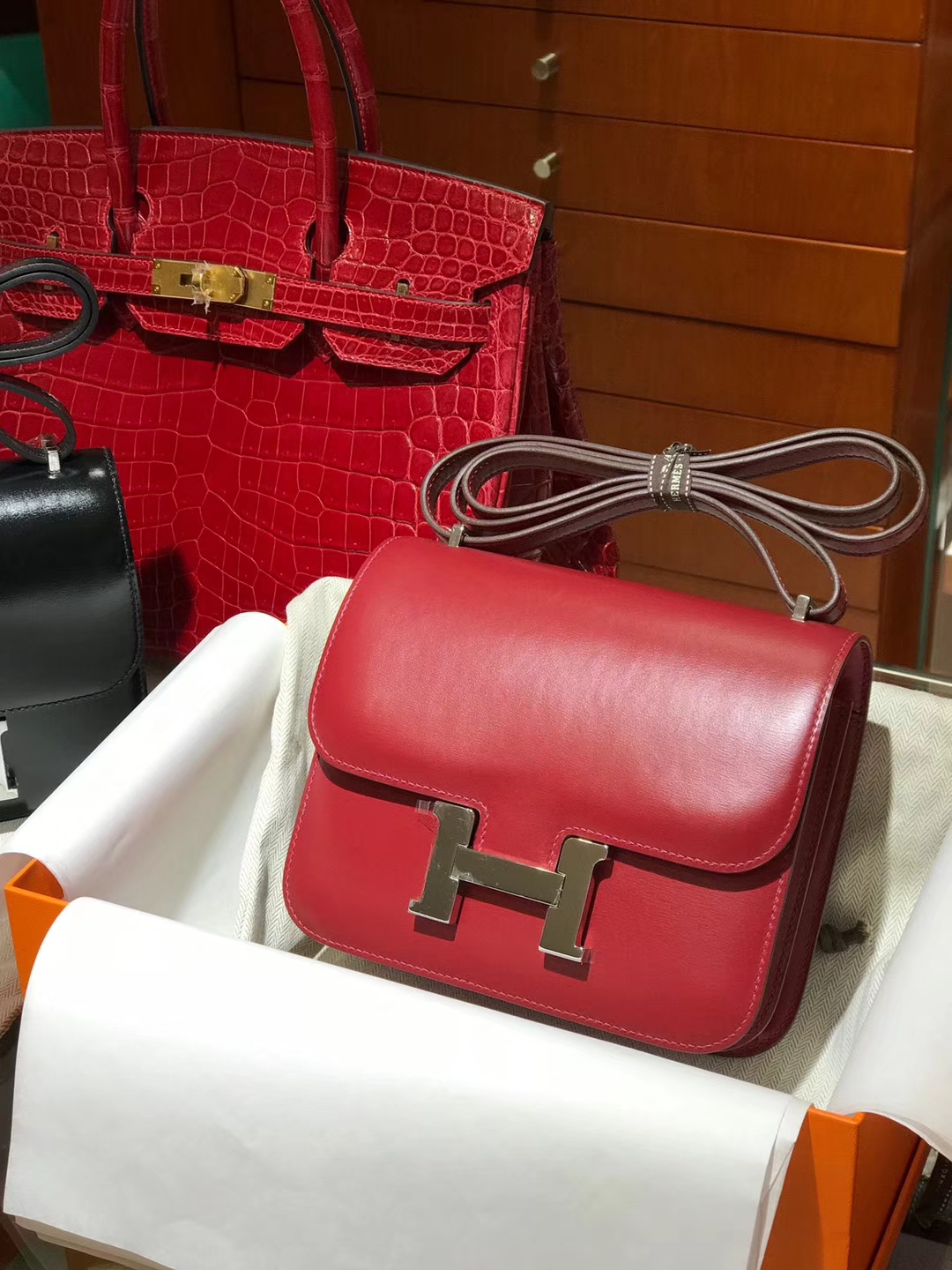 HEMRES 爱马仕 空姐包 Constance BOX 中国红 银扣 配全套专柜原版包装