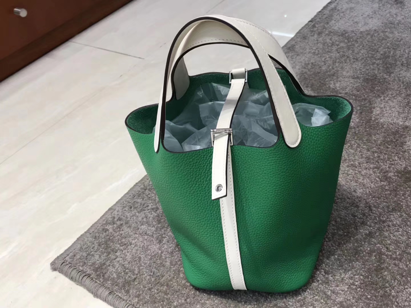 HERMES 爱马仕 菜篮子 Picotin 竹子绿拼珍珠灰 Togo皮 配全套专柜原版包装