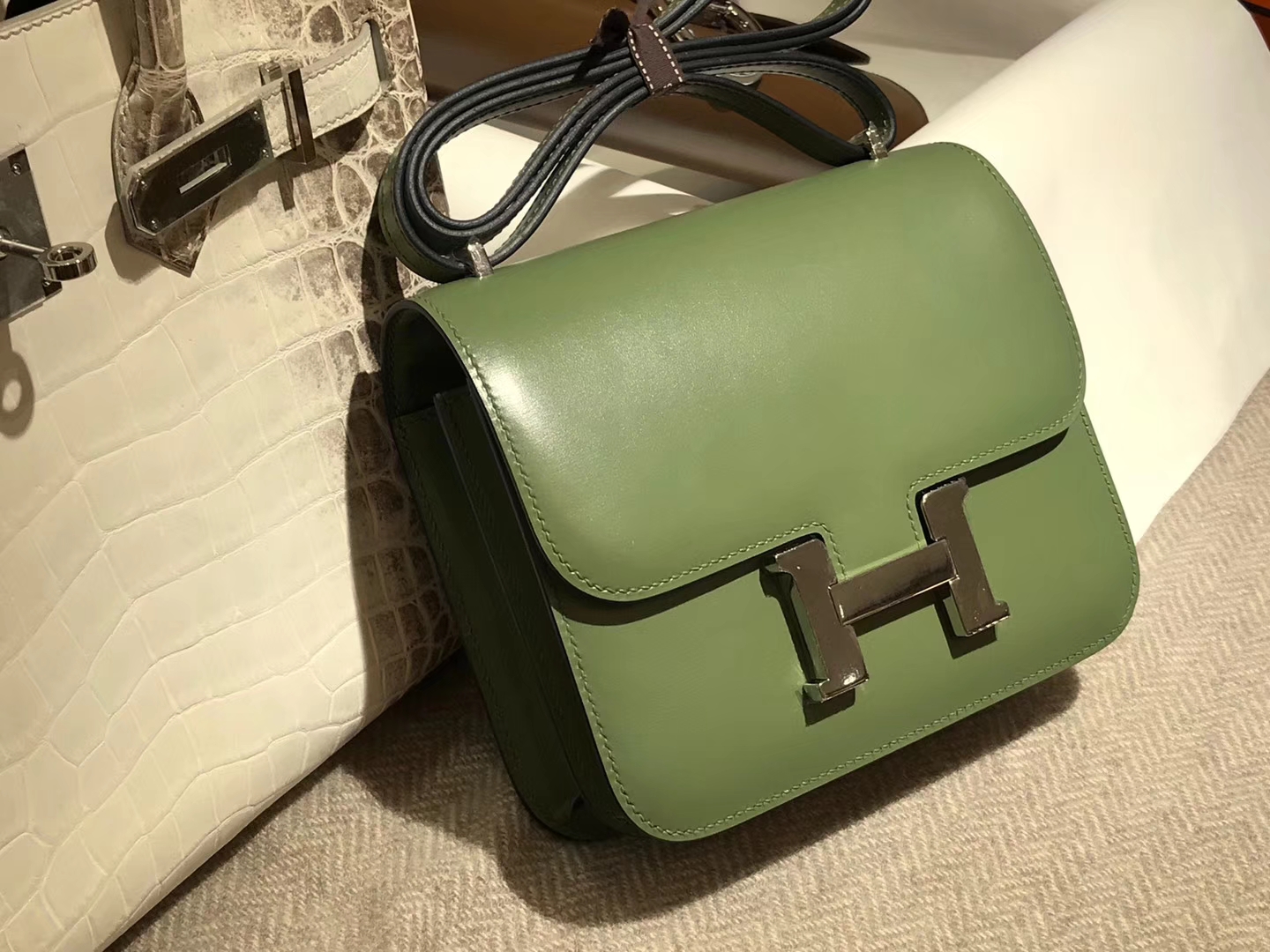HERMES 爱马仕 空姐包 Constance BOX 丛林绿 银扣