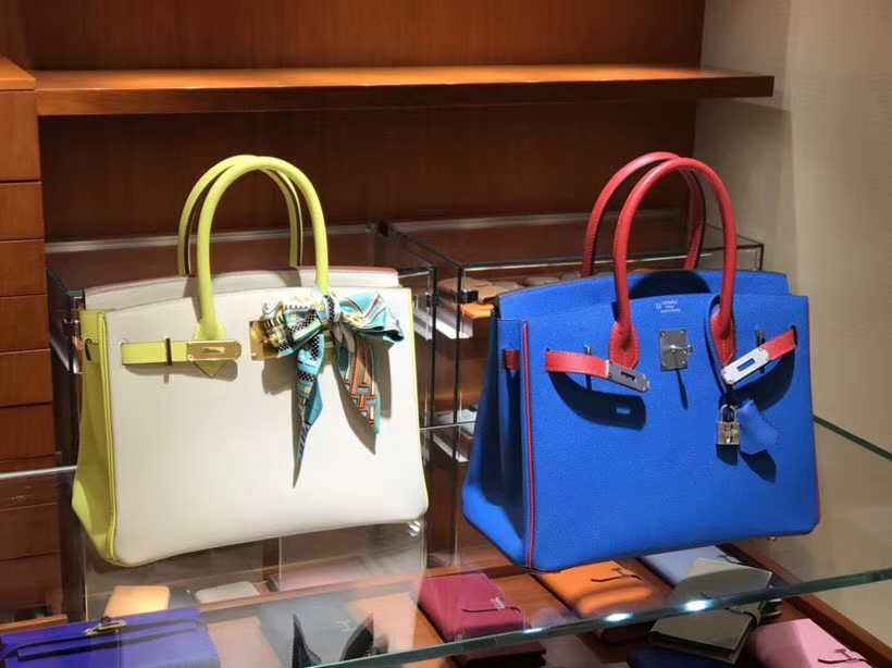 Birkin 25CM 柠檬黄拼奶昔白 中蓝色拼爱马仕红 金银扣都可以定制