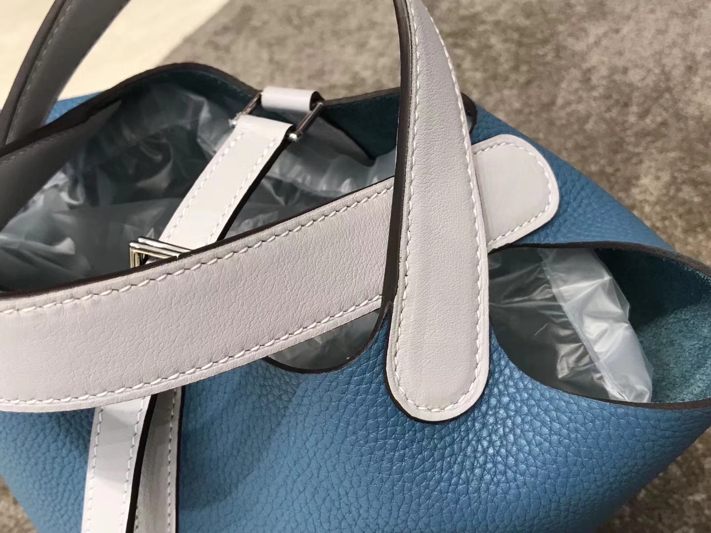 HERMES 爱马仕 菜篮子 Picotin Togo皮 牛仔蓝拼珍珠灰 配全套专柜原版包装