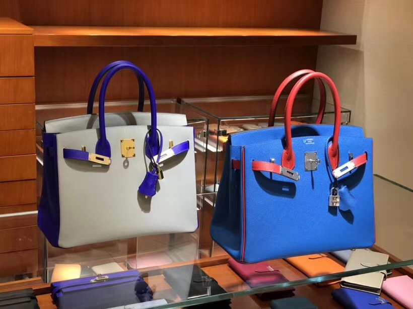 HERMES 爱马仕 Birkin 25CM 电光蓝拼薄荷色 中蓝色拼爱马仕红 金银扣都可定制