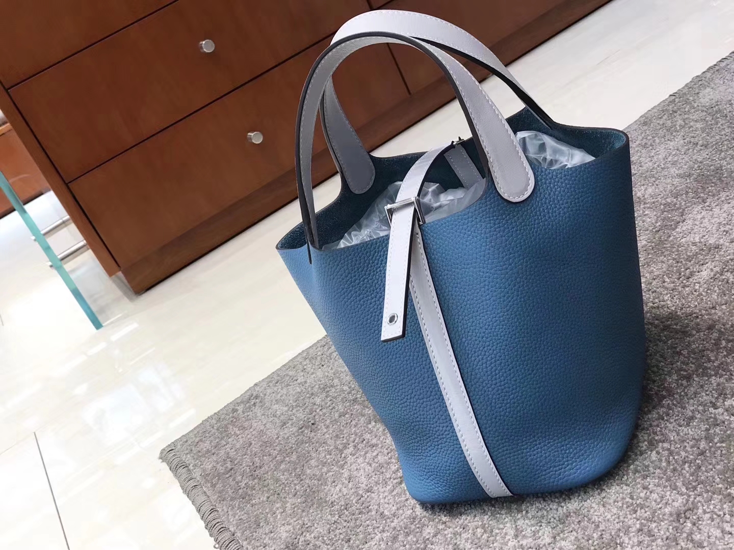 HERMES 爱马仕 菜篮子 Picotin Togo皮 牛仔蓝拼珍珠灰 配全套专柜原版包装
