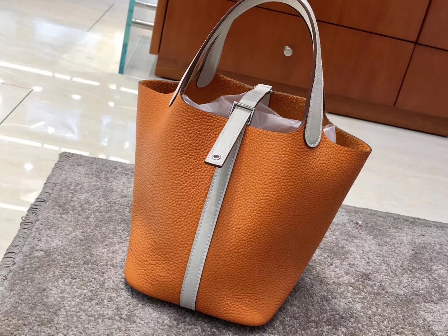 HERMES 爱马仕 菜篮子 Picotin 橙色拼珍珠灰 Togo皮 配全套专柜原版包装