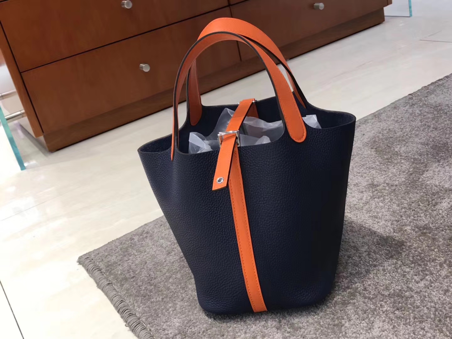 HERMES 爱马仕 菜篮子 Picotin 深蓝拼橙色 纯手工 Togo皮