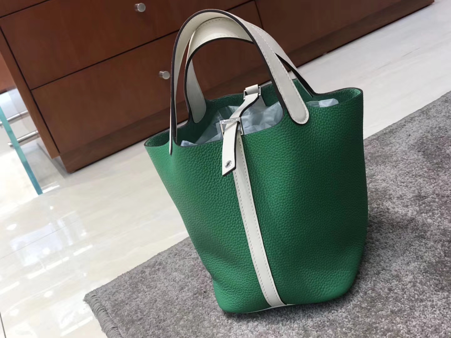 HERMES 爱马仕 菜篮子 Picotin 竹子绿拼珍珠灰 Togo皮 配全套专柜原版包装