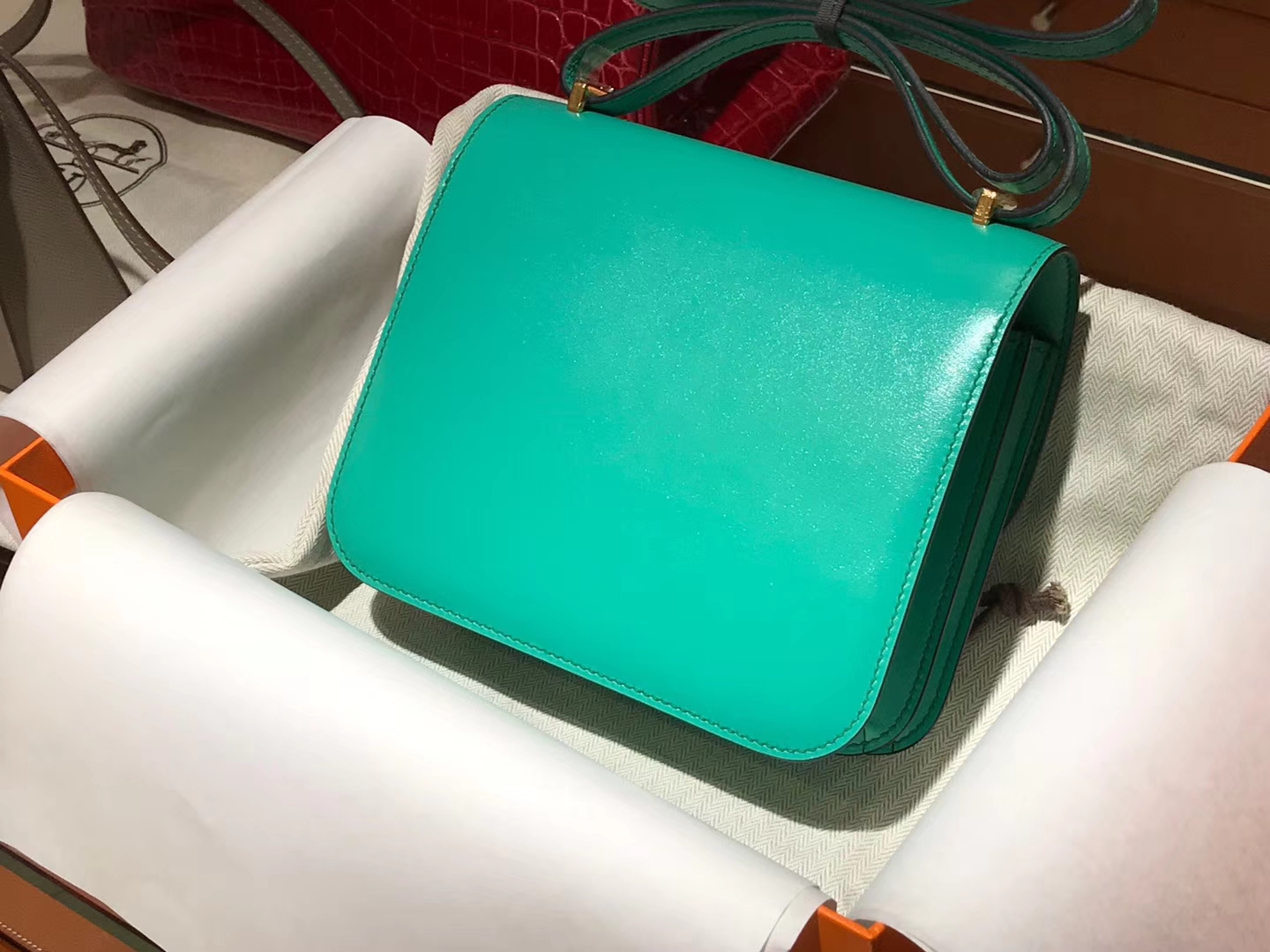 HERMES 爱马仕 空姐包 Constance BOX  湖水绿 金扣