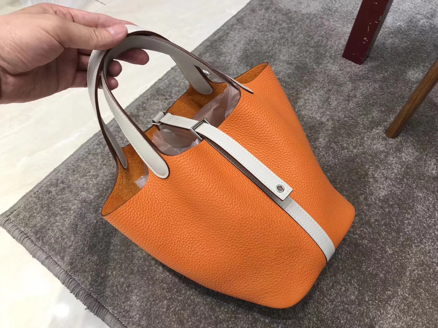 HERMES 爱马仕 菜篮子 Picotin 橙色拼珍珠灰 Togo皮 配全套专柜原版包装