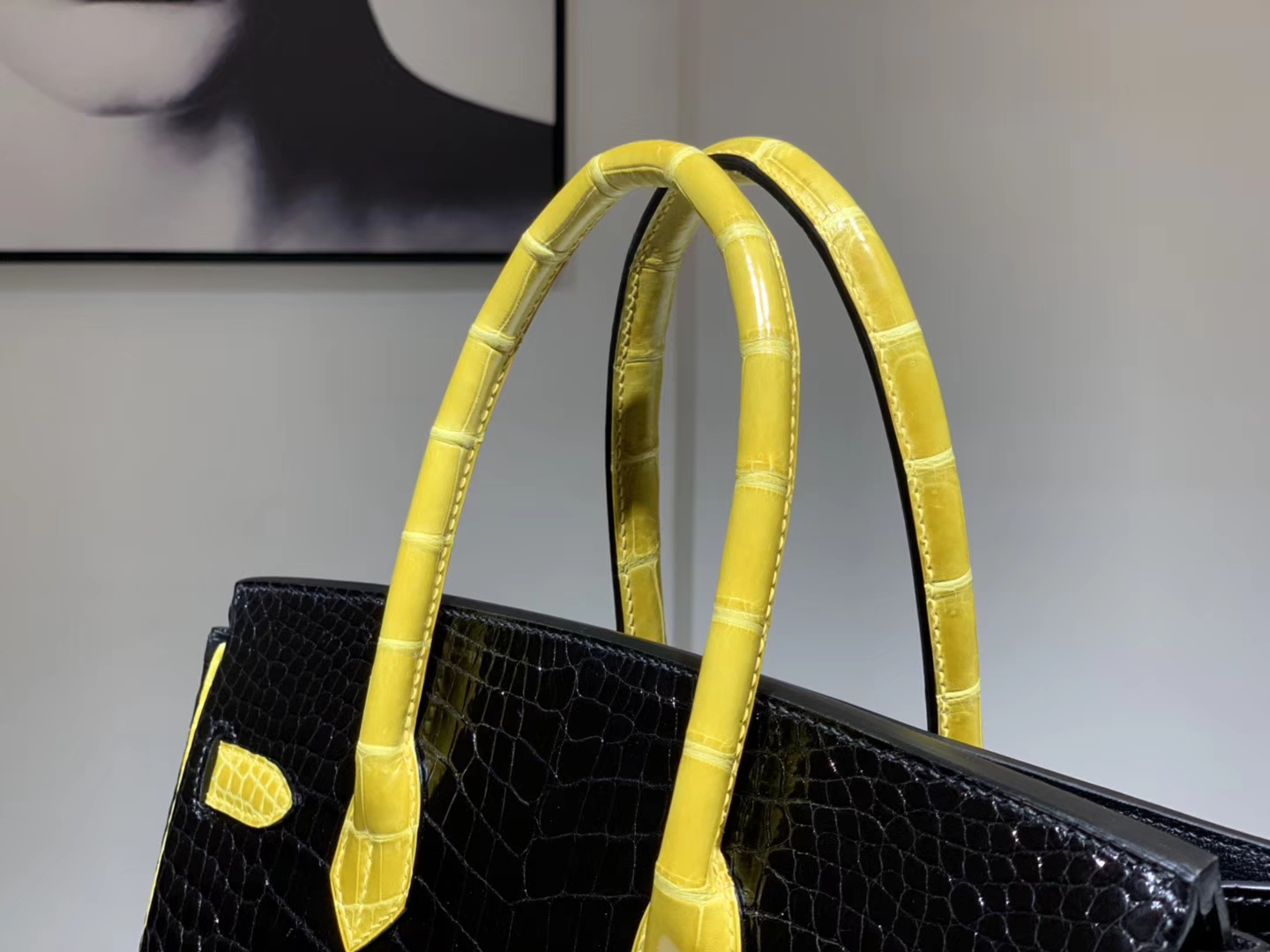 HERMES 爱马仕 Brikin 30cm 鳄鱼皮 柠檬黄配黑色  