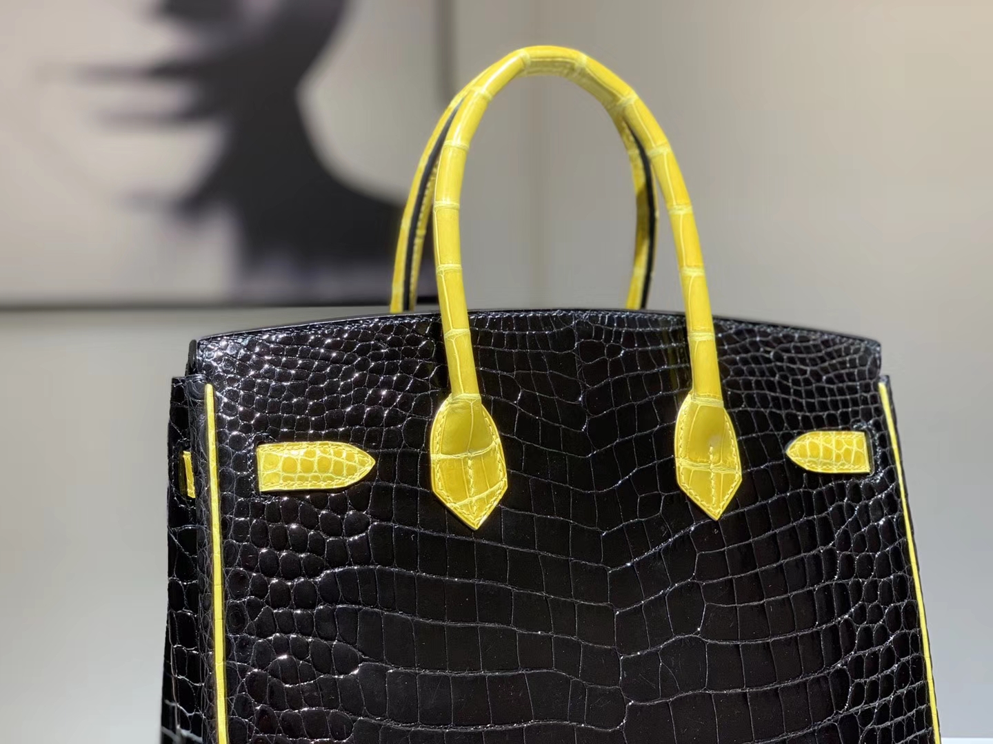 HERMES 爱马仕 Brikin 30cm 鳄鱼皮 柠檬黄配黑色  
