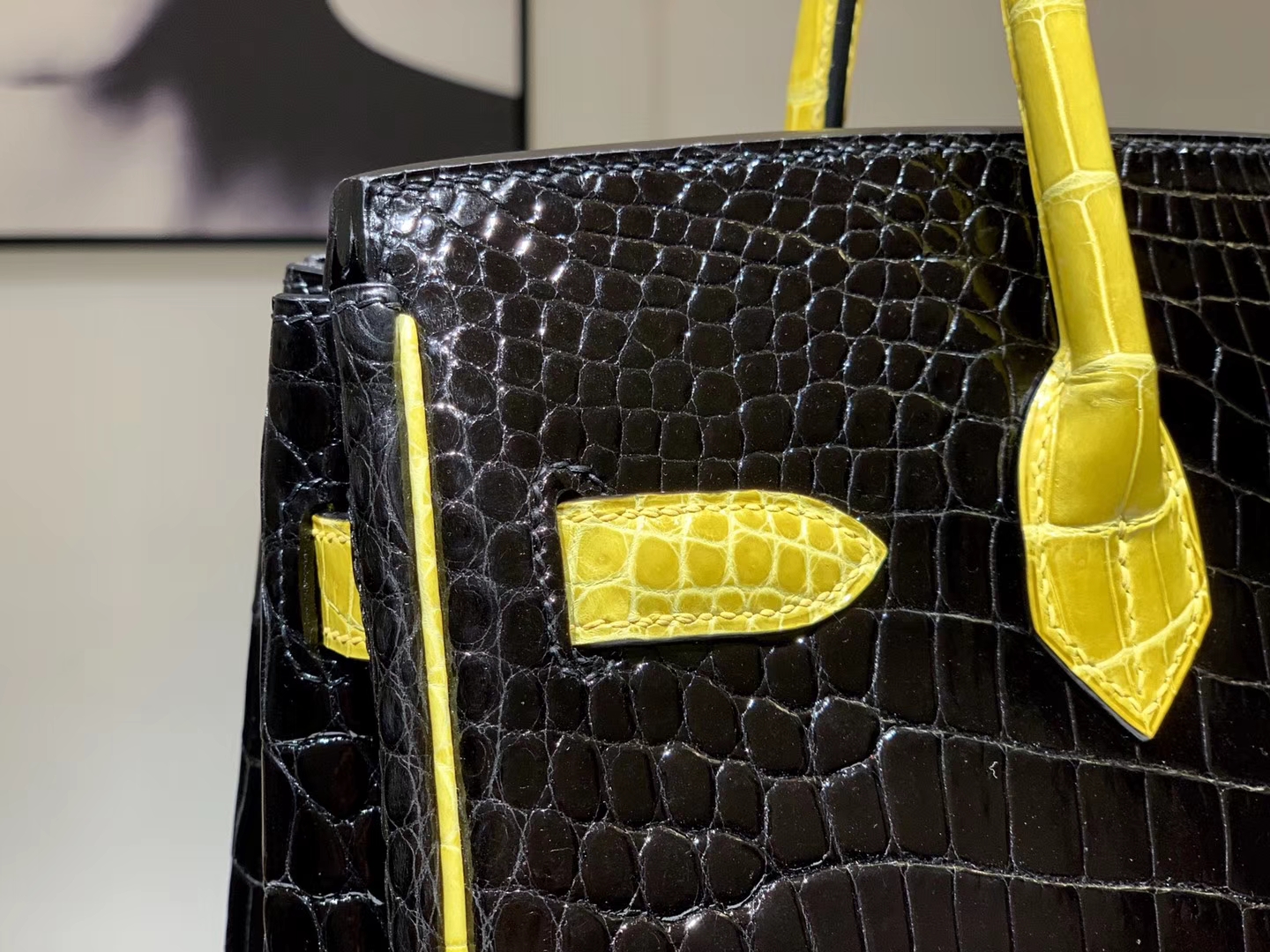 HERMES 爱马仕 Brikin 30cm 鳄鱼皮 柠檬黄配黑色  