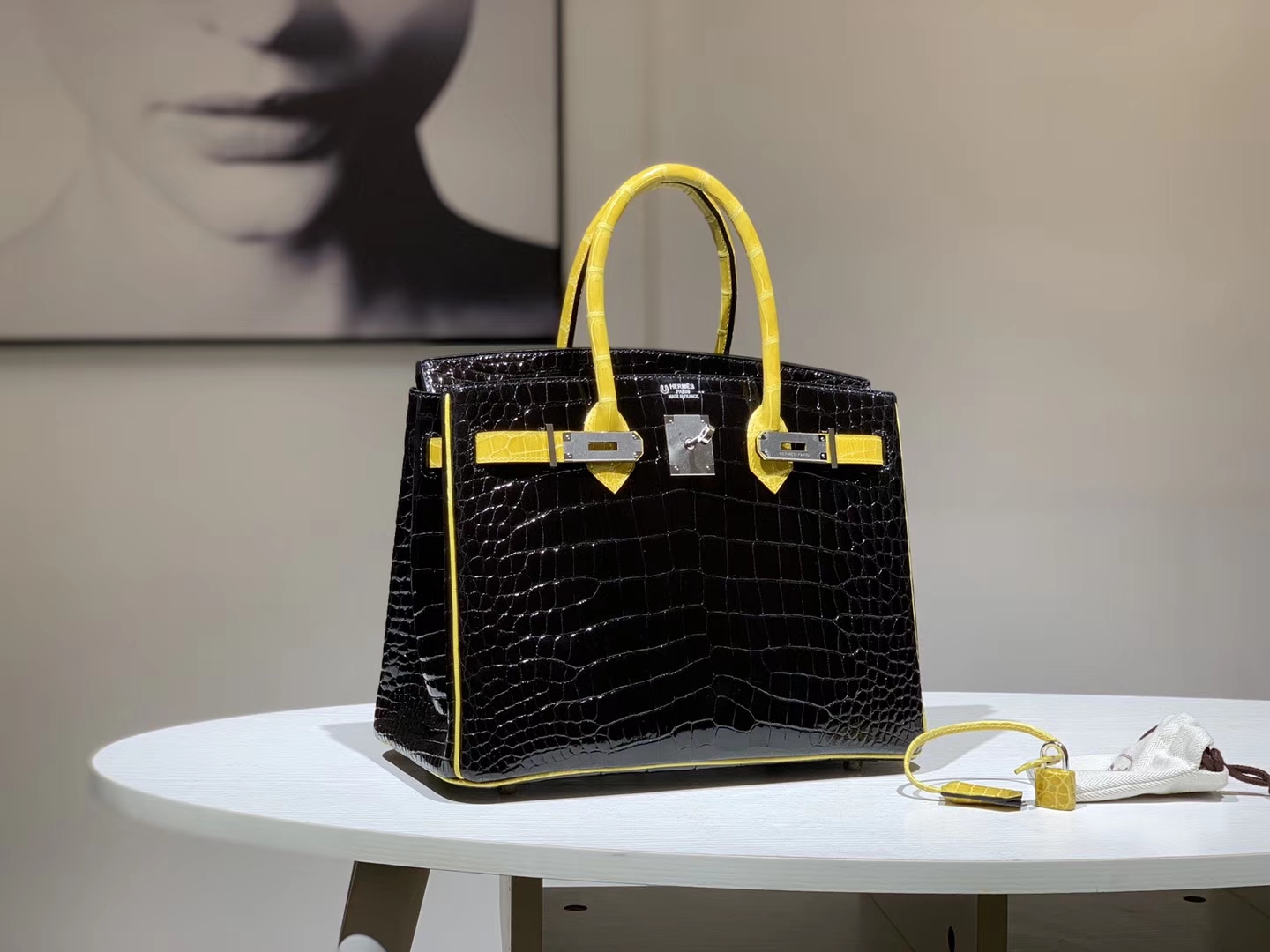 HERMES 爱马仕 Brikin 30cm 鳄鱼皮 柠檬黄配黑色  