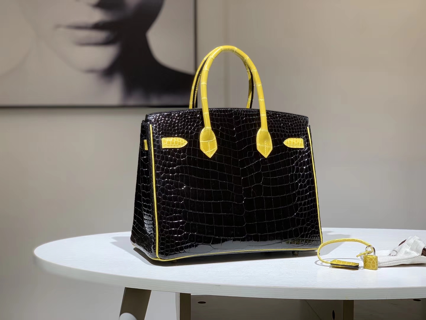 HERMES 爱马仕 Brikin 30cm 鳄鱼皮 柠檬黄配黑色  