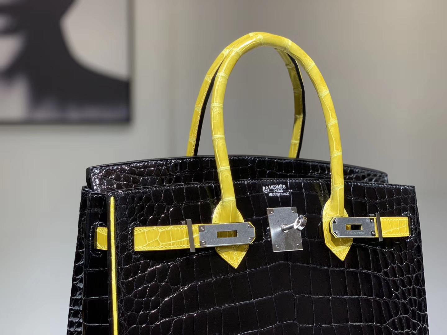 HERMES 爱马仕 Brikin 30cm 鳄鱼皮 柠檬黄配黑色  