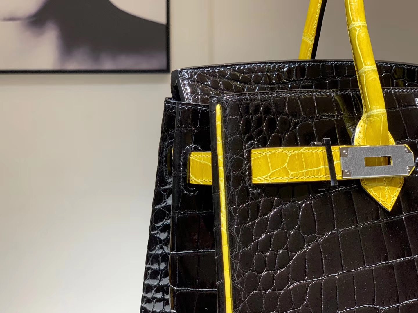 HERMES 爱马仕 Brikin 30cm 鳄鱼皮 柠檬黄配黑色  