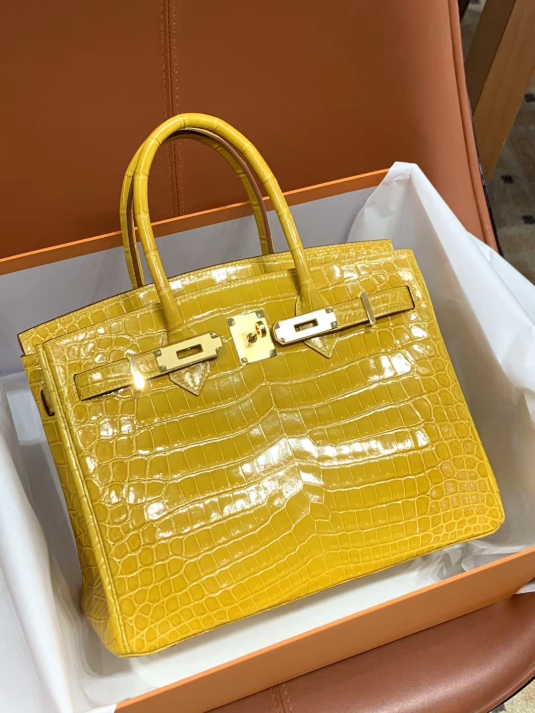爱马仕包包价格 琥珀黄 鳄鱼皮 金银扣 纹路清晰 手感超级好 完胜正品 Birkin 25/30