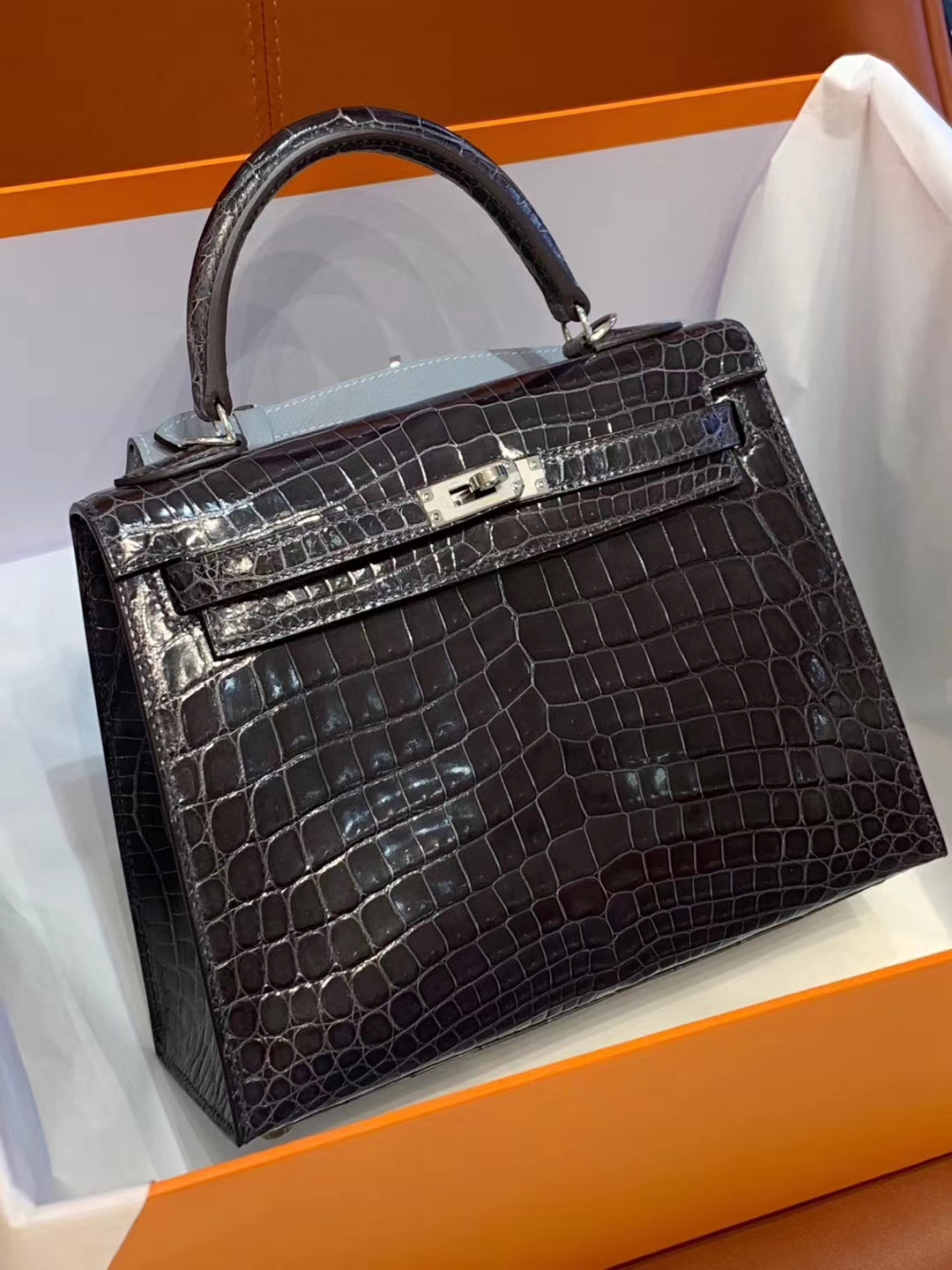 爱马仕香港官网 鳄鱼皮 金银扣 纹路清晰 手感超级好 完胜正品 Kelly28CM 深棕色