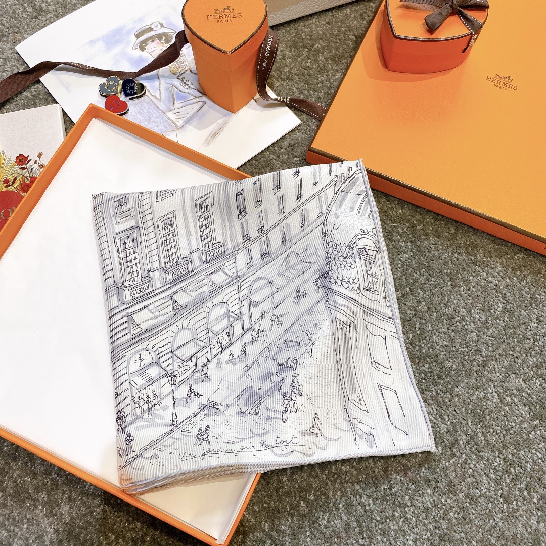 HERMES 《屋顶花园》45x45cm 小方巾 灰色-铂金女王 HERMES 《屋顶花园》45x45cm 小方巾 灰色
