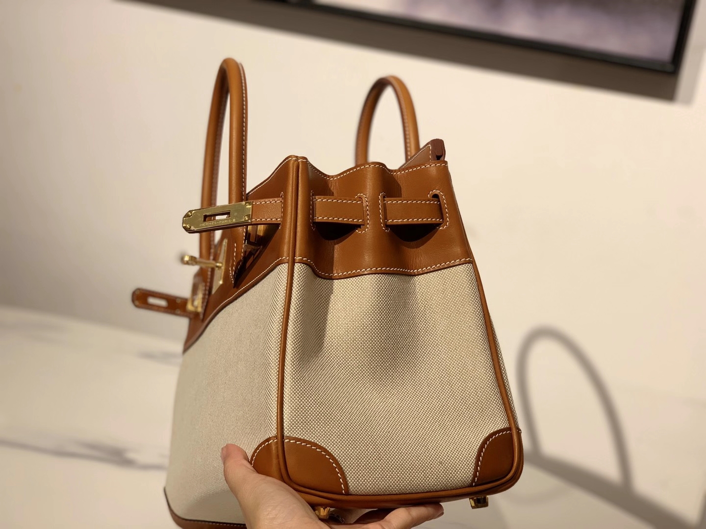 HERMES 爱马仕  铂金包 Birkin BOX皮拼帆布 金扣