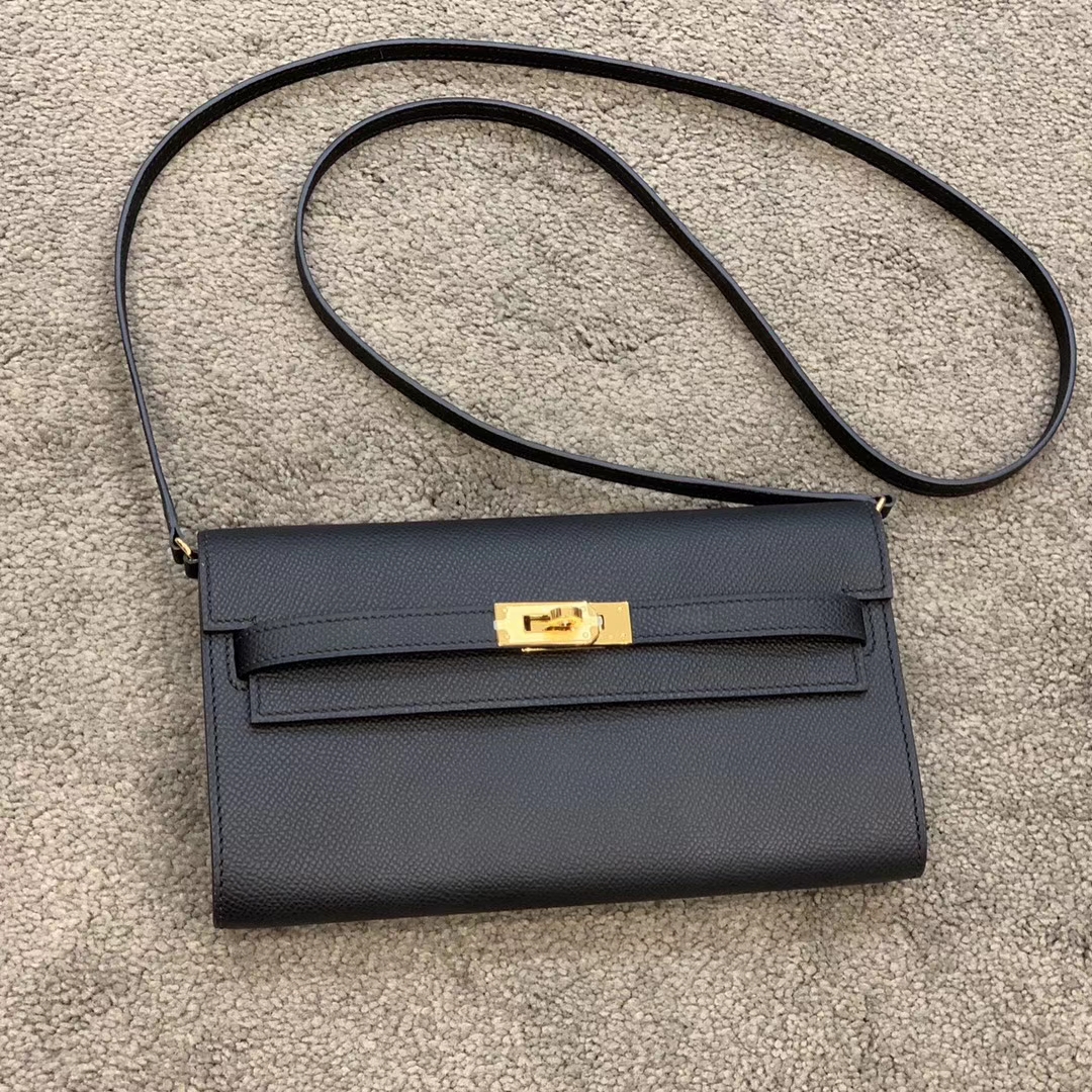 HERMES Kelly Classique To Go 长肩带钱包 Epsom皮 黑金 现货-铂金女王 HERMES Kelly Classique To Go 长肩带钱包 Epsom皮 黑金 现货