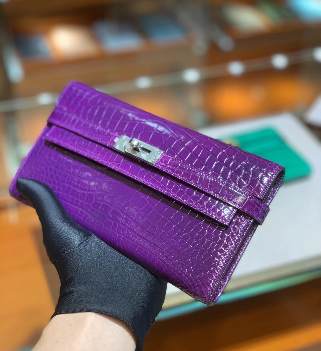 HERMES 爱马仕 梦幻紫 鳄鱼皮 金扣 Kelly Wallet