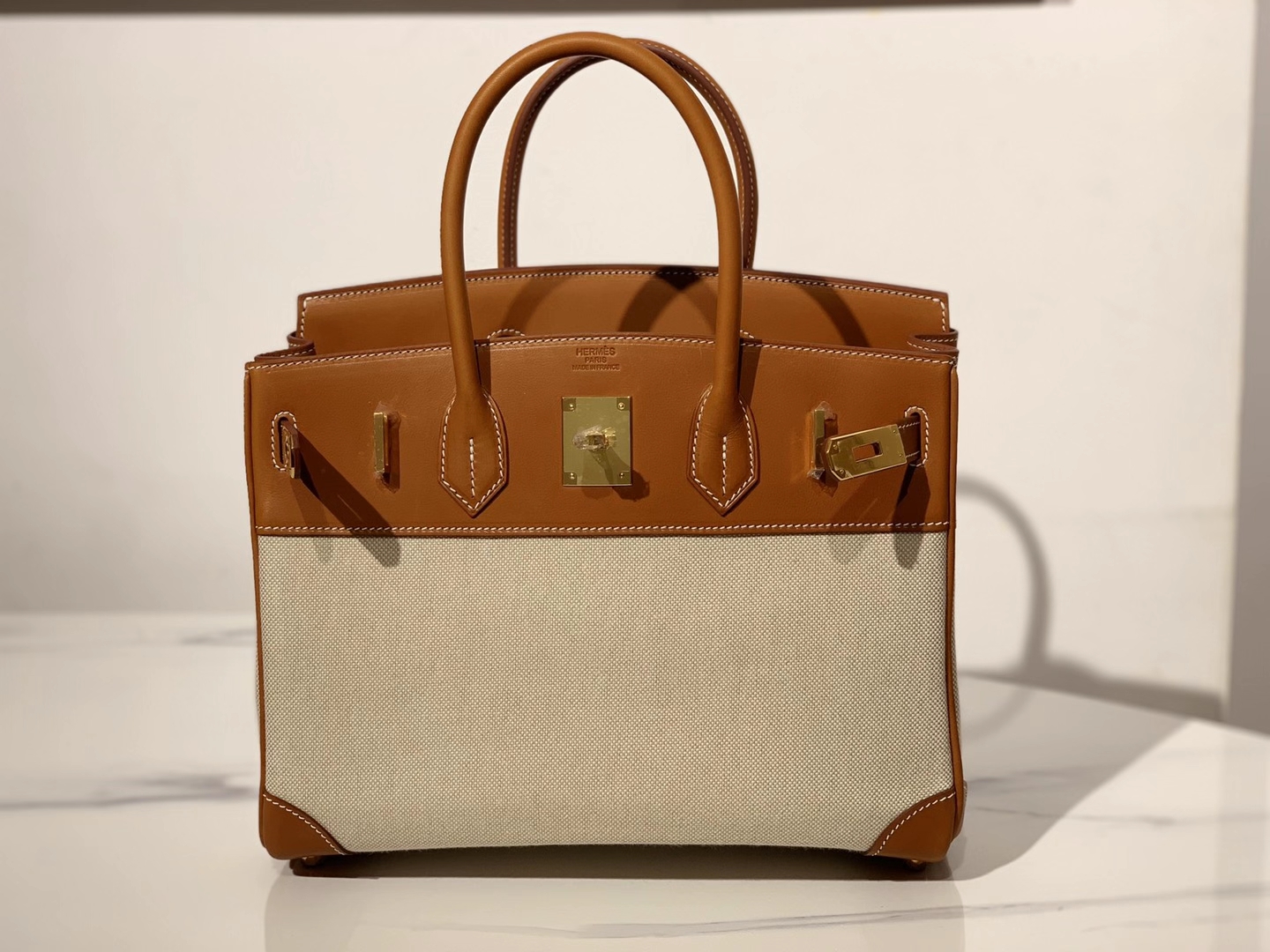 HERMES 爱马仕  铂金包 Birkin BOX皮拼帆布 金扣