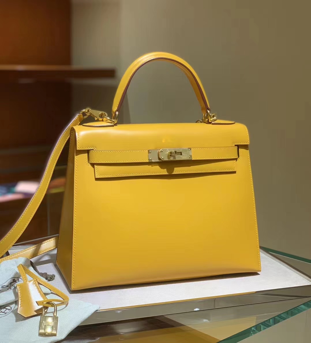 HERMES爱马仕 琥珀黄 BOX皮 凯莉包 Kelly 金扣银扣 现货 可接受订货