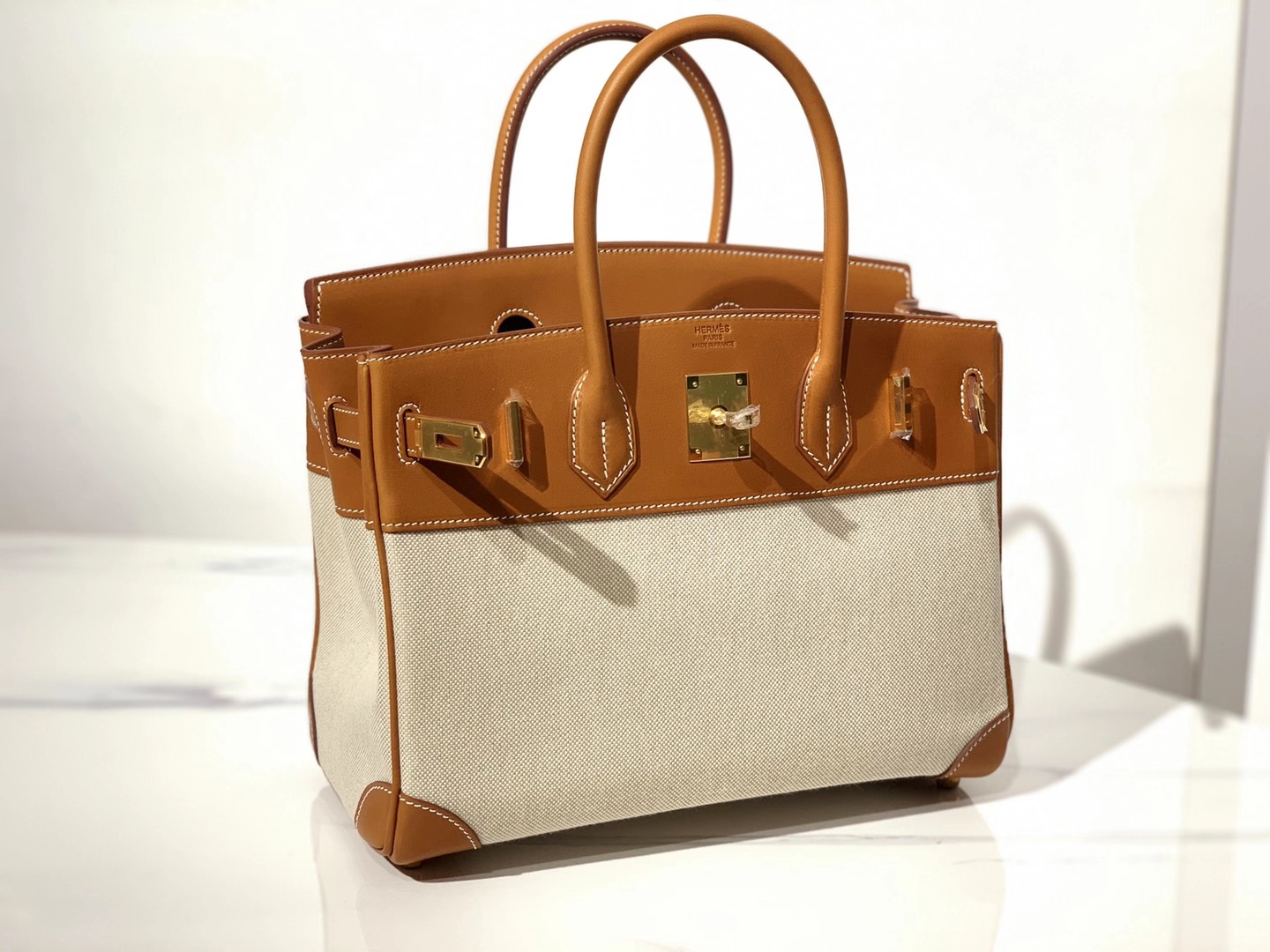 HERMES 爱马仕  铂金包 Birkin BOX皮拼帆布 金扣