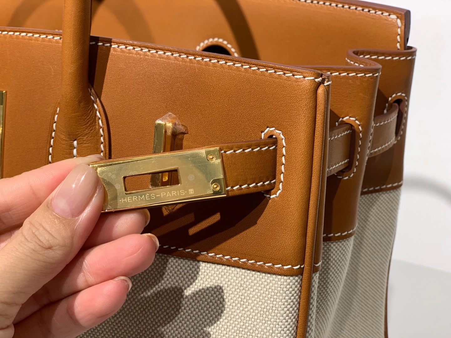 HERMES 爱马仕  铂金包 Birkin BOX皮拼帆布 金扣