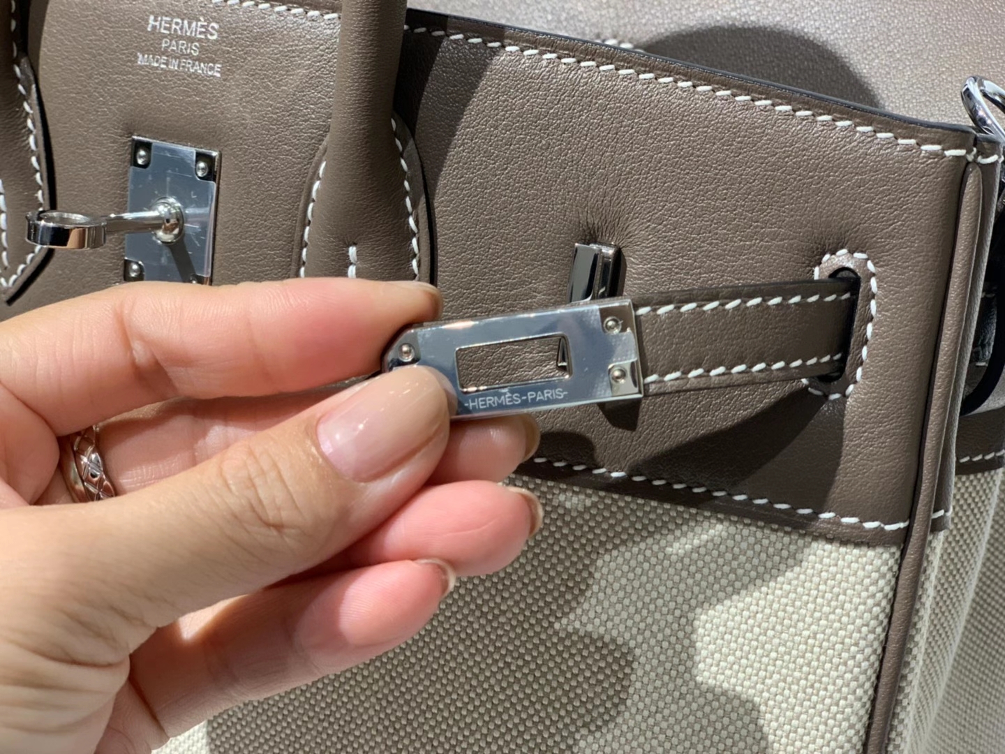 HERMES 爱马仕  铂金包 Birkin BOX皮拼帆布 银扣